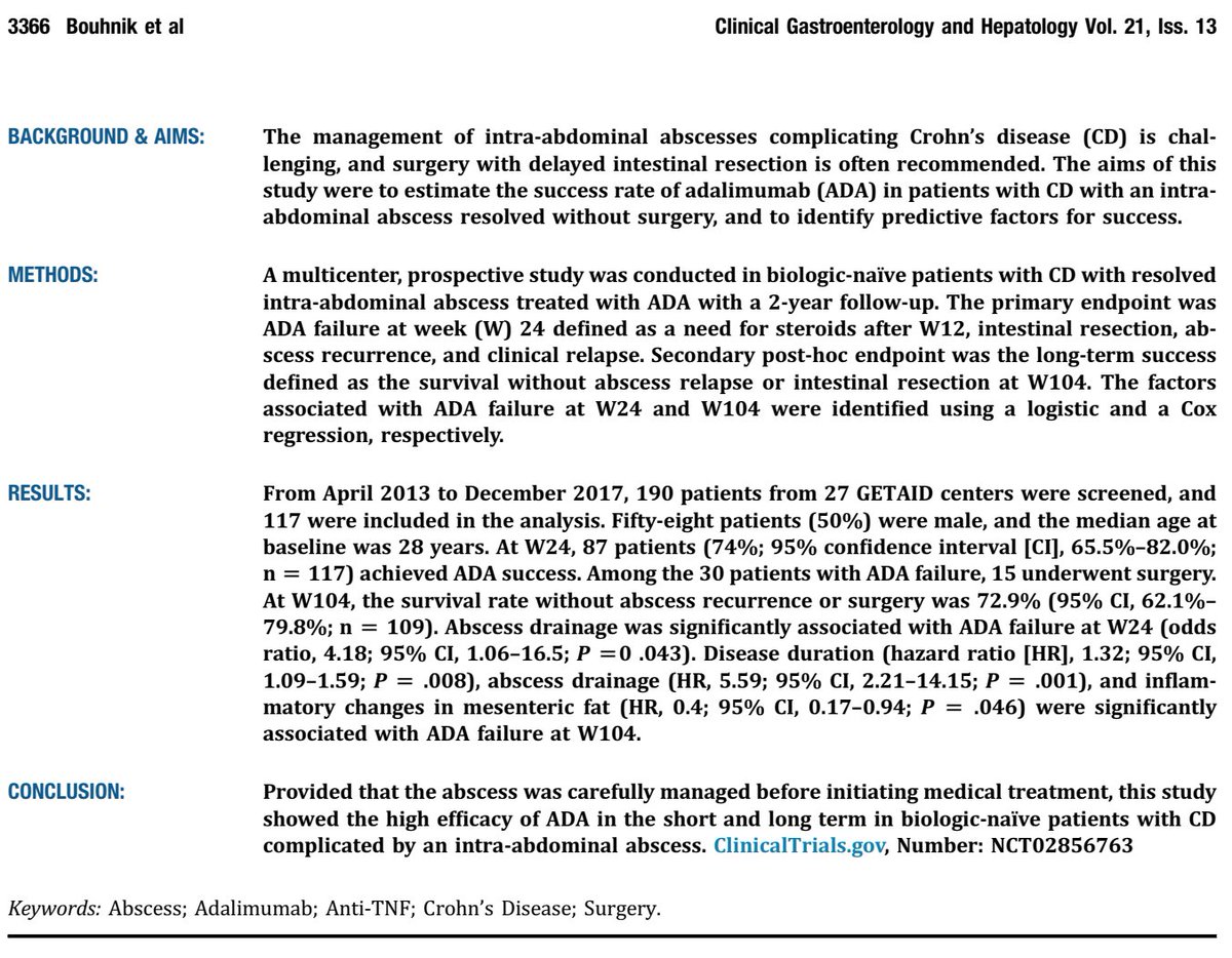 IBDGastroDocSg's tweet photo. Adalimumab after treatment of luminal abscess in Crohn's disease
- n=117 (only 11 pts underwent drainage)
- max diameter of abscess = 29mm
- about 73% success at 2 years
- need for drainage a/w subsequent resection

Relevant data on a fairly common clinical scenario.

@AGA_CGH https://t.co/4xyktFUBzd