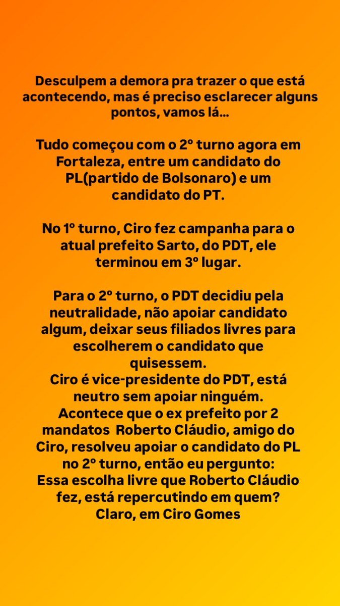 Fazia mto tempo que não falava de política e de Ciro Gomes no Instagram, hoje foi a gota d’água, usei linguagem simples pois tenho seguidores dos mais variados tipos.
Minha grata surpresa?
Recebi uma porção de comentários de amigos de direita e esquerda apoiando o Ciro!
Segue🧶