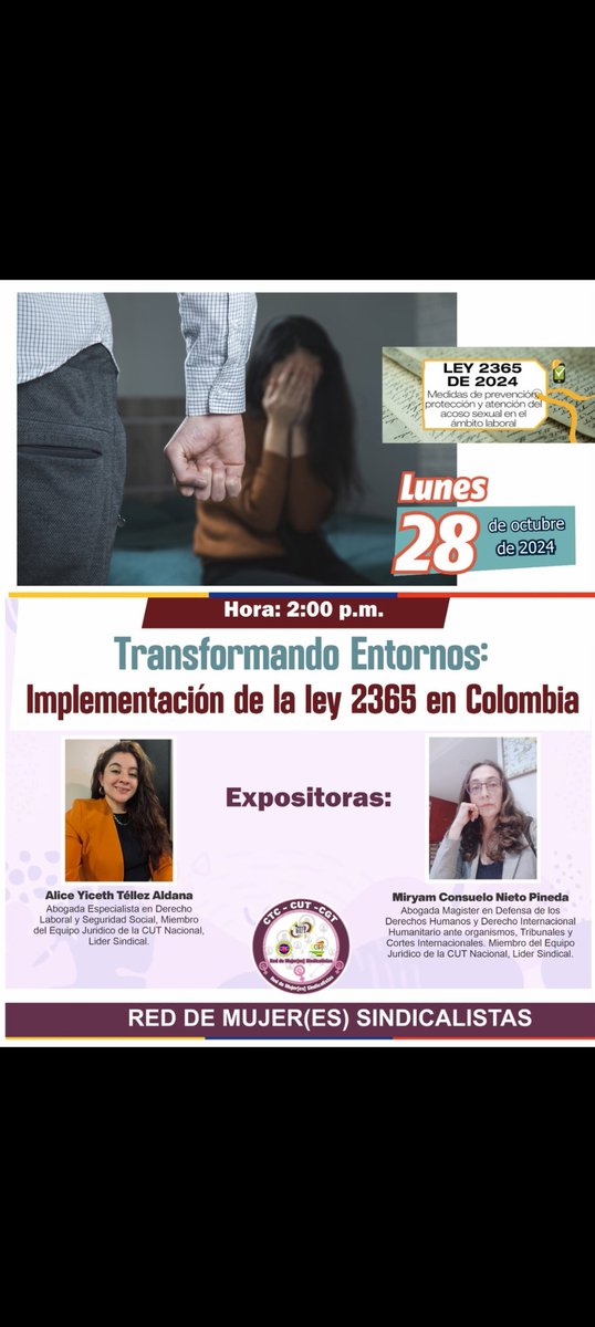Transformando entornos: implementación de la ley 2365 en Colombia
Hora: 28 oct 2024 02:00 p.m.

Entrar Zoom Reunión
us02web.zoom.us/j/82367139983?… 
ID de reunión: 823 6713 9983
Código de acceso: 002370