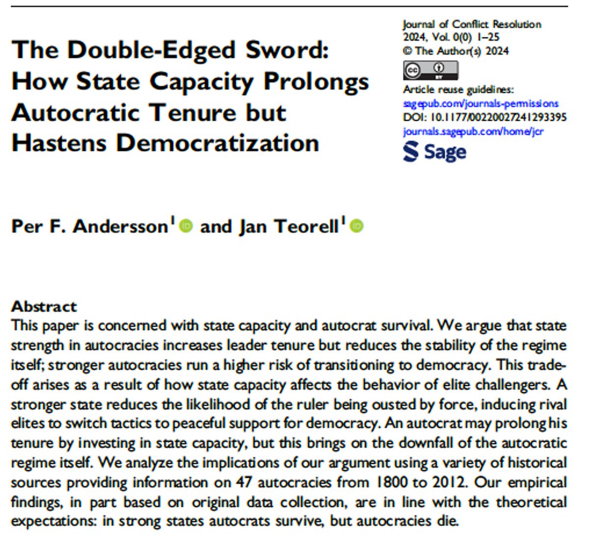 What impact does the state have on the prospects of democratization? This new paper argues that an increase in state capacity under autocracy makes democratization more likely. It provides food for thought.

Open access: journals.sagepub.com/doi/epub/10.11…