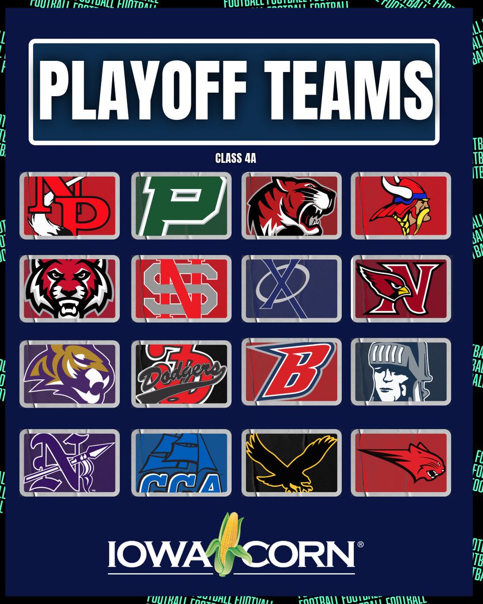 🚨CLASS 4A PLAYOFF TEAMS🚨

The field is set. 

*just the teams that have made it. Matchups tomorrow at 10:00 AM.

#ihsaa #iahsfb