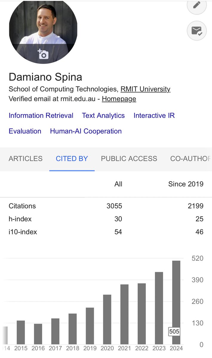 Damiano Spina 🦋@damianospina.com (@damiano10) on Twitter photo Sunny Saturday in Naarm/Melbourne, perfect day to celebrate the 505 citations so far in 2024 and to thank all my co-authors, students, mentors, and everyone who has engaged with our work! 🎉<a href="/RMITComputing/">RMIT School of Computing Technologies</a> @AdmsCentre
#AcademicChatter #AcademicTwitter #research Sunny Saturday in Naarm/Melbourne, perfect day to celebrate the 505 citations so far in 2024 and to thank all my co-authors, students, mentors, and everyone who has engaged with our work! 🎉<a href="/RMITComputing/">RMIT School of Computing Technologies</a> @AdmsCentre
#AcademicChatter #AcademicTwitter #research