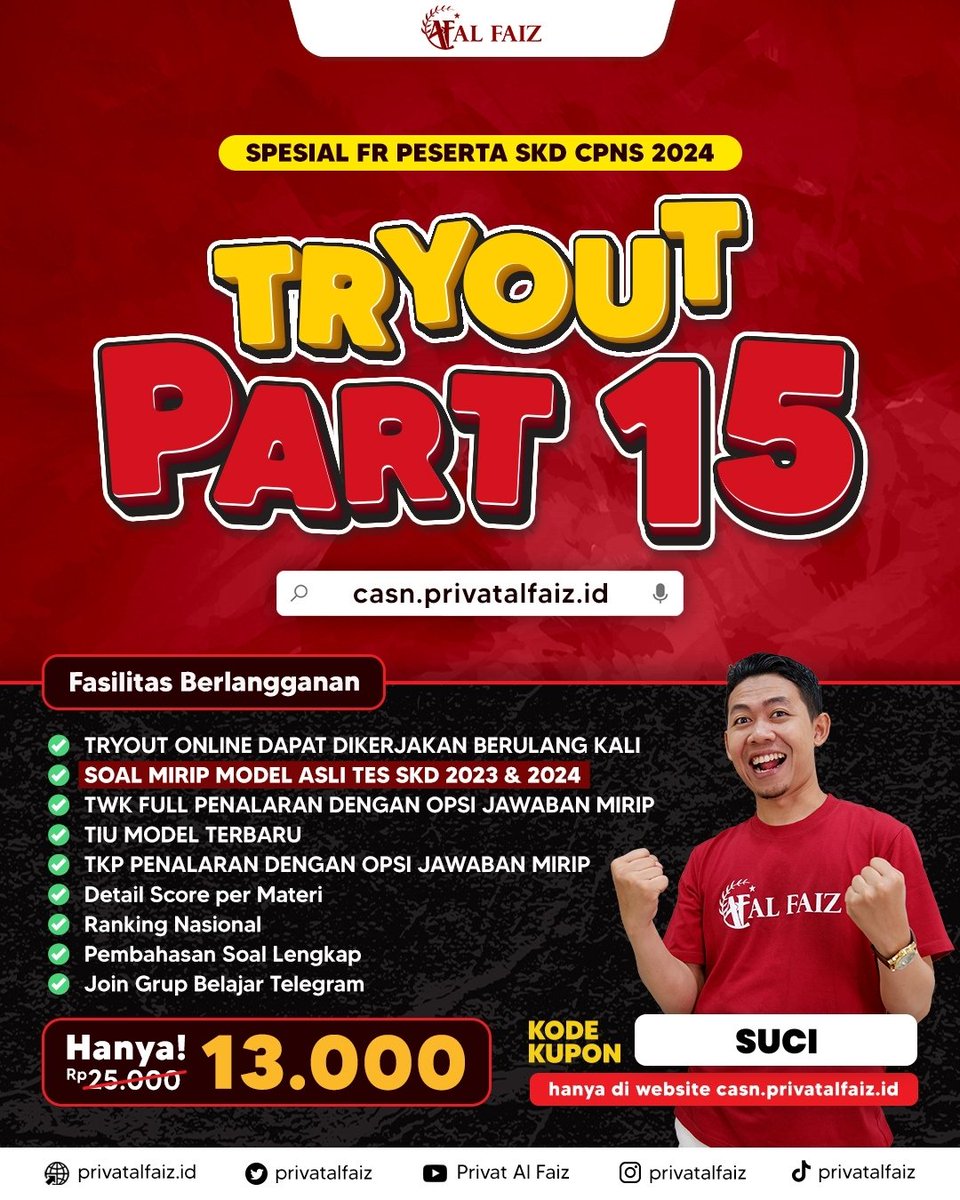 txtbyci's tweet photo. TRY OUT SKD AL FAIZ PART 15 β‘
Berisi FR Soal SKD CPNS 2024 Hari 1-8! Siapkan dirimu dengan soal terbaru TWK, TIU, & TKP π₯
π Gunakan kode promo: SUCI untuk diskon spesial!
#CPNS2024 #SKD #FRSKD #TryOutSKD #SiapTes https://t.co/jmCsDUXv9Z