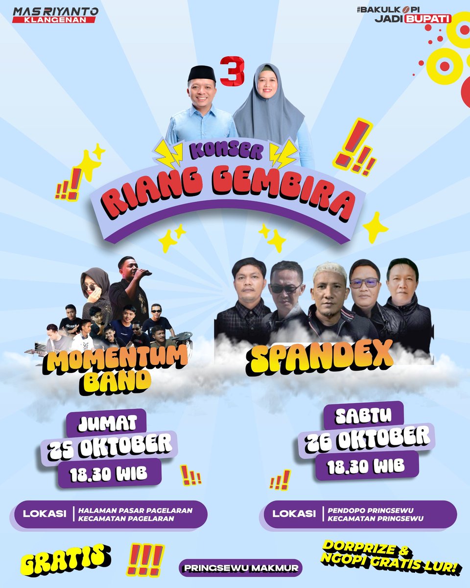 lampuungupdate's tweet photo. MALAM INI‼️ Malem minggu pada mau kemana? daripada galau, mending dateng dan ramaikan aja Konser Riang Gembira di Pendopo #Pringsewu, terbuka untuk umum plus ngopi gratis lur.

Ajak teman, pacar, keluarga, sanak saudaranya! Kita ambyaran bareng-bareng disini 🥳🚀☕ https://t.co/fb30UErSZE