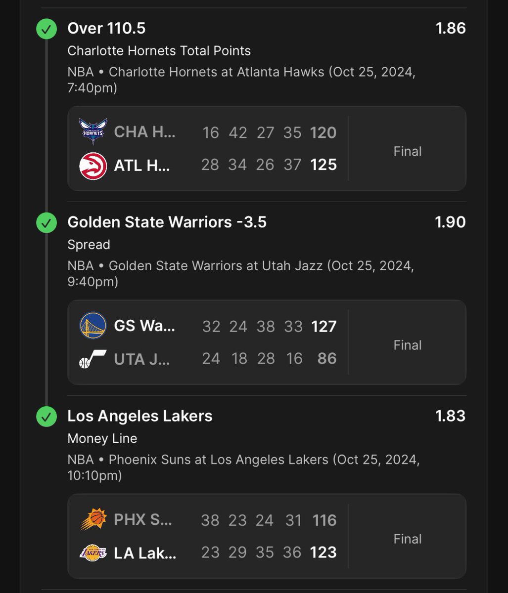 GaelenBet's tweet photo. Charlotte Hornets TTo110.5 ✅
Golden State Warriors -3.5 ✅
Los Angeles Lakers ML ✅
#gKnows #spookyLOCKS👻 #nba https://t.co/N9IpekkcxE