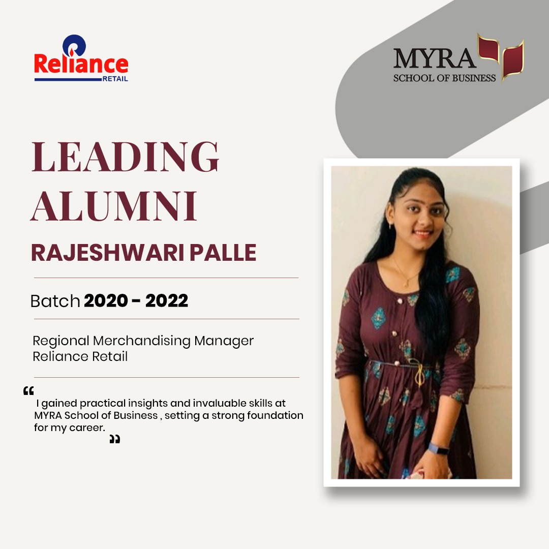 Rajeshwari Palle’s remarkable journey from MYRA School of Business to a leadership role at Reliance Retail highlights the transformative impact of a solid education. Her growth reflects the limitless opportunities that await with the right foundation.
#AlumniAchievement