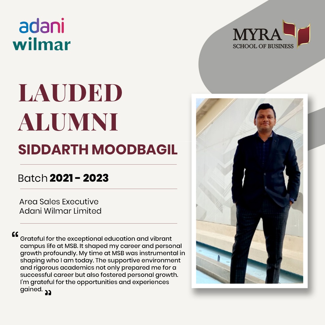 Siddarth credits his journey at MYRA School of Business for shaping his career path and personal growth. From the vibrant campus life to the rigorous academic environment, MSB empowered him with the skills and confidence to thrive in the corporate world.
#AlumniTestimonial #MSB