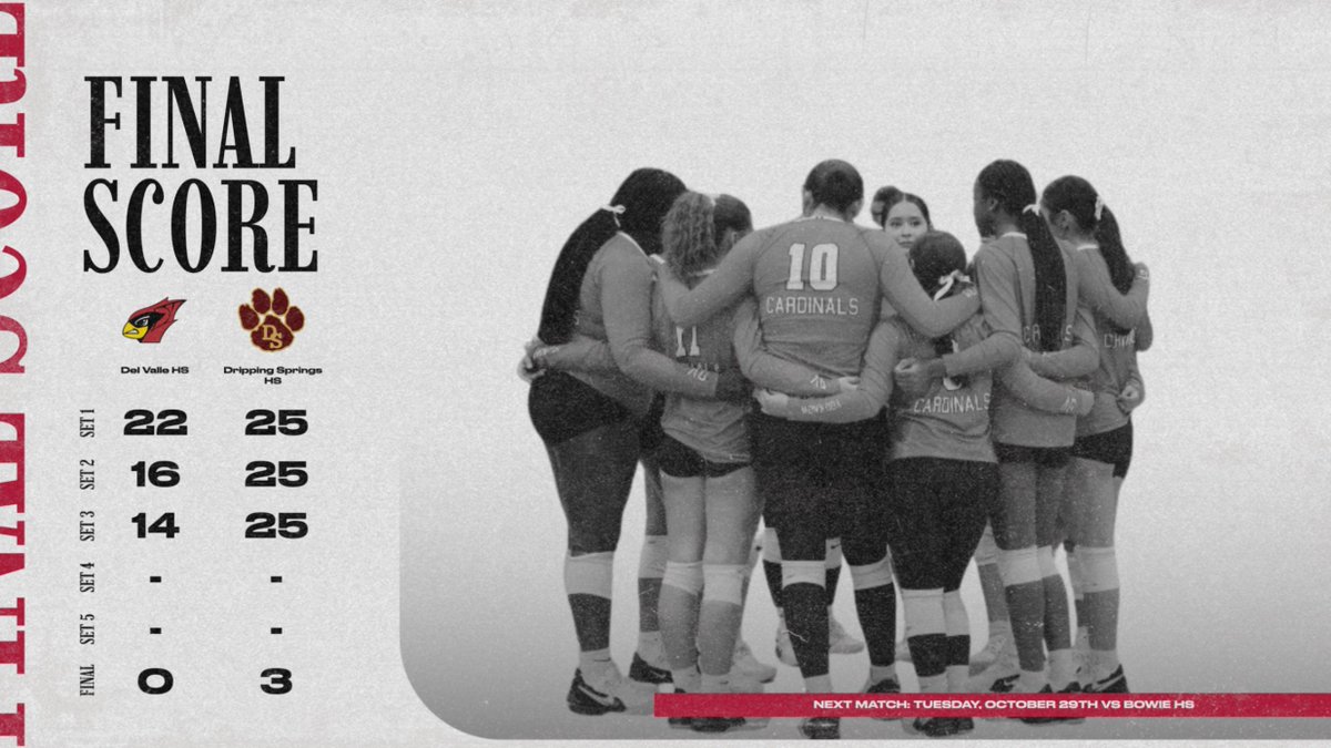 Great fight from our ladies as we fall to Dripping Springs HS. Thank you to our fans who helped bring a lot of energy! We finish out the season Tuesday on the road as we take on the Bowie Bulldogs. #DVYK