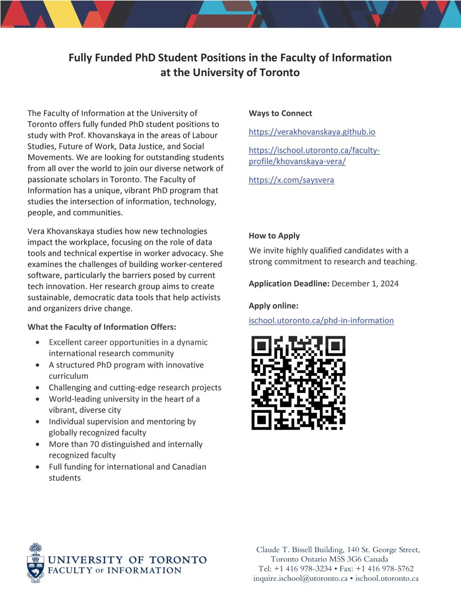 University of Toronto Faculty of Information (@uoftinfofaculty) on Twitter photo The Faculty of Information at the University of Toronto offers fully funded PhD student positions to study with Prof. Vera Khovanskaya <a href="/saysvera/">vera khovanskaya</a> in the areas of Labour Studies, Future of Work, Data Justice, and Social Movements. Deadline is Dec. 1: ischool.utoronto.ca/phd-in-informa… The Faculty of Information at the University of Toronto offers fully funded PhD student positions to study with Prof. Vera Khovanskaya <a href="/saysvera/">vera khovanskaya</a> in the areas of Labour Studies, Future of Work, Data Justice, and Social Movements. Deadline is Dec. 1: ischool.utoronto.ca/phd-in-informa…