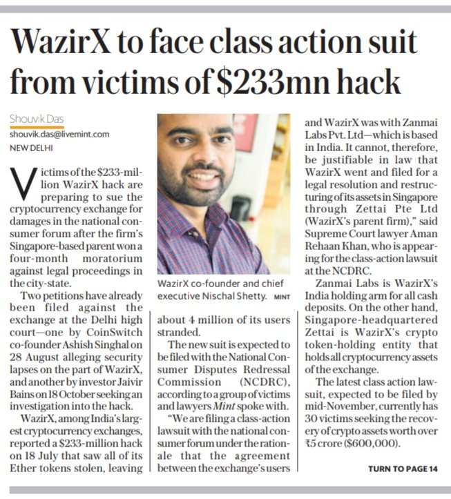 Shouvik Das (@distantvicinity) on Twitter photo Shaping up now: a $600k class-action suit against <a href="/WazirXIndia/">WazirX: India Ka Bitcoin Exchange</a>, for their handling of customer funds.
A <a href="/livemint/">Mint</a> exclusive on today's front (back) page narrates how victims, some of whom claim to have well over $30,000 stuck in their accounts, are feeling short-changed by the Shaping up now: a $600k class-action suit against <a href="/WazirXIndia/">WazirX: India Ka Bitcoin Exchange</a>, for their handling of customer funds.
A <a href="/livemint/">Mint</a> exclusive on today's front (back) page narrates how victims, some of whom claim to have well over $30,000 stuck in their accounts, are feeling short-changed by the