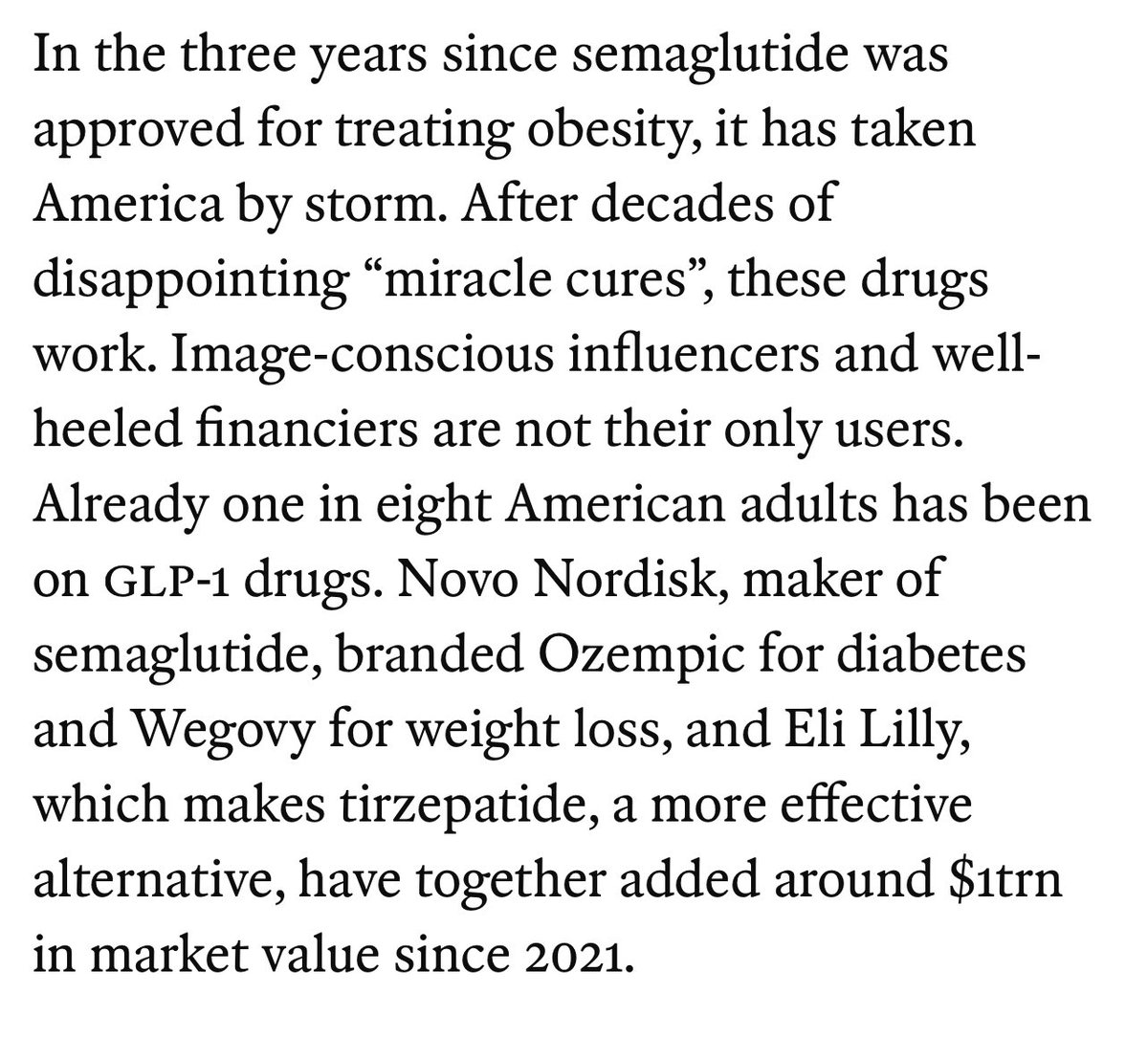 baxirahul's tweet photo. Read an interesting piece of data. 

“Already One in eight Americans has been on GLP1 receptor agonists drugs” https://t.co/wE9xSOpLBh