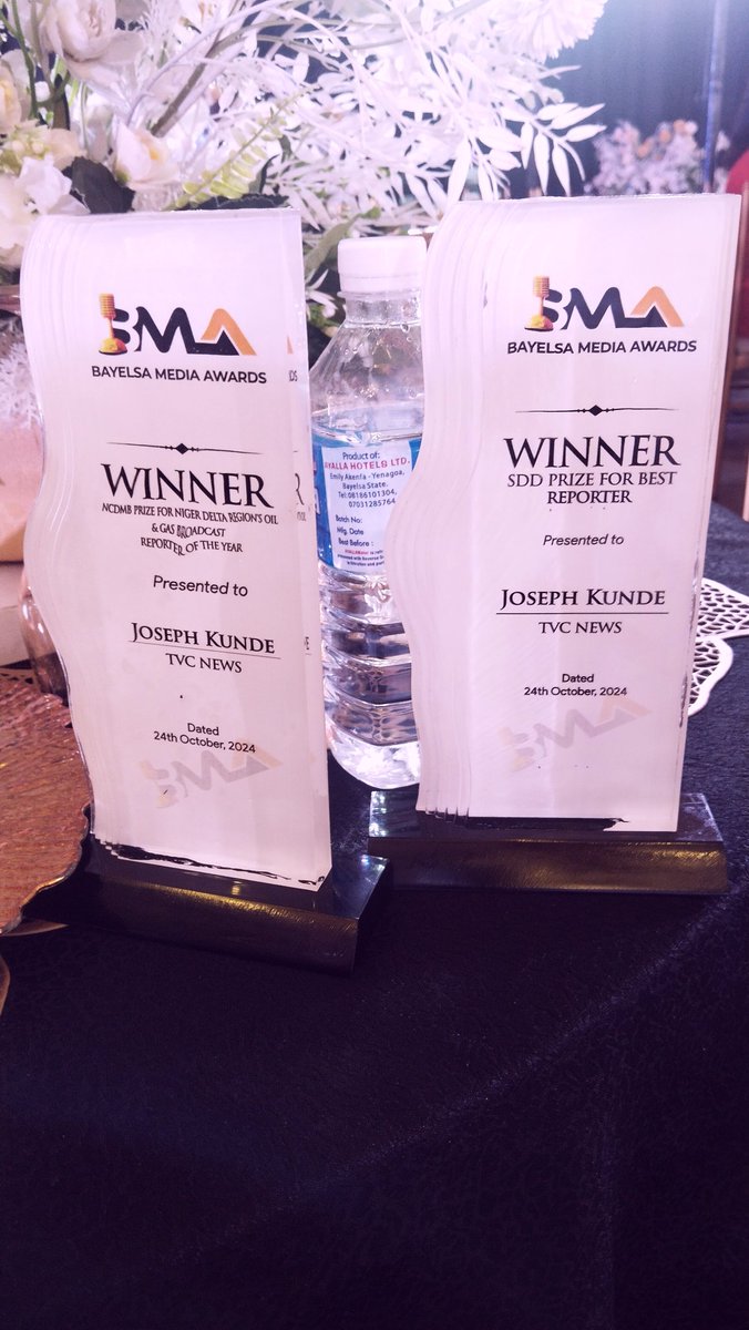 Joelathy's tweet photo. Bagged double awards. SDD Prize for Best Reporter of the Year 2024, and NCDMB Prize for Niger Delta Region's Oil and Gas Broadcast Reporter of the Year 2024. Thank you Bayelsa Media Awards 

@OfficialNCDMB @govdouyediri @tvcnewsng #BayelsaMediaAwards https://t.co/IRQo995iW4