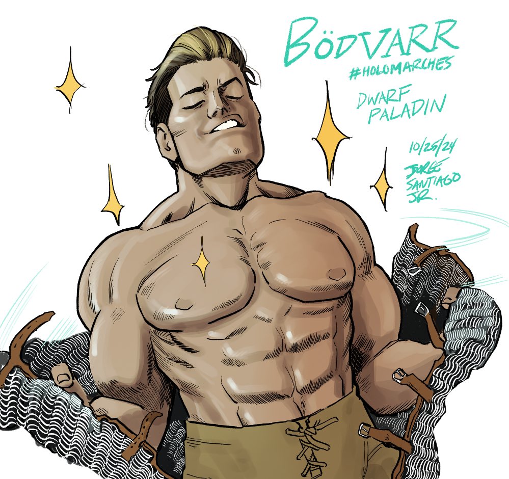 Day 25: Another #HoloMarches portrait, this time of <a href="/goldbullet_en/">Goldbullet🦅HOLOSTARS EN</a>’s Bödvarr. He has a spectacular chest! From <a href="/crimzonruze/">Crimzon Ruze💢HOLOSTARS EN</a>’s awesome D&amp;D campaign!
#inktober #inktober2024 #dungeonsanddragons #dnd #fantasy #holostars #crimzonmuze #GBArt #fantasyart #paladin #hololive #vtuber