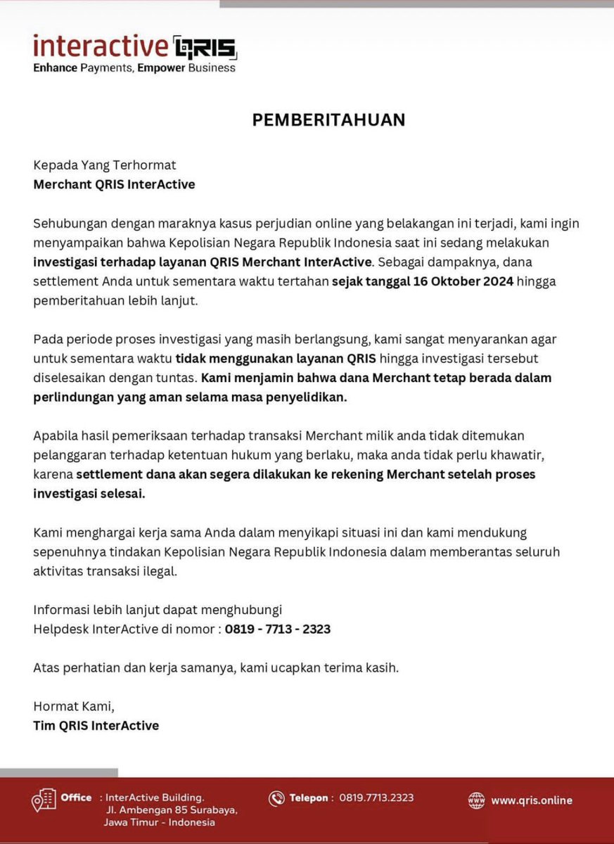 nuicemedia's tweet photo. The Police and Bank Mandiri suspended QRIS provider InterActive for suspicions of facilitating illegal gambling operations affecting 1.9 million merchants on the platform. 

However, Bank Indonesia’s website doesn’t appear to list InterActive as a registered provider. https://t.co/lXVswQDy2q