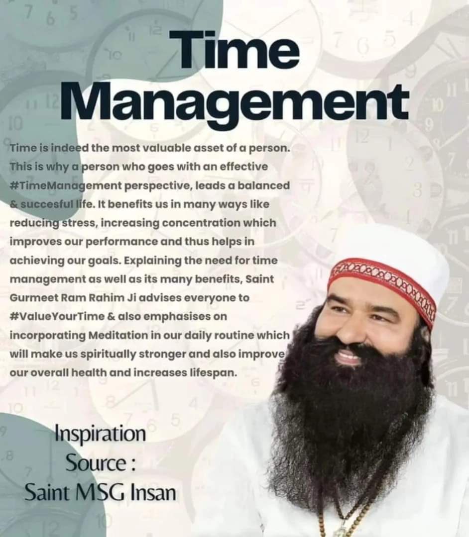 krishRathore0's tweet image. समय किसी के लिए नहीं रुकता। समय को बर्बाद नहीं करना चाहिए। Saint Dr MSG Insan #TimeManagementTips देते हुए बताते हैं कि आप सुबह टहल रहे हो या काम कर रहे हो तो हाथों, पैरों से काम करो और जीभ से राम का नाम लेते रहो। काम भी हो जाएगा और ईश्वर की भक्ति भी हो जाएगी।
#TimeManagment