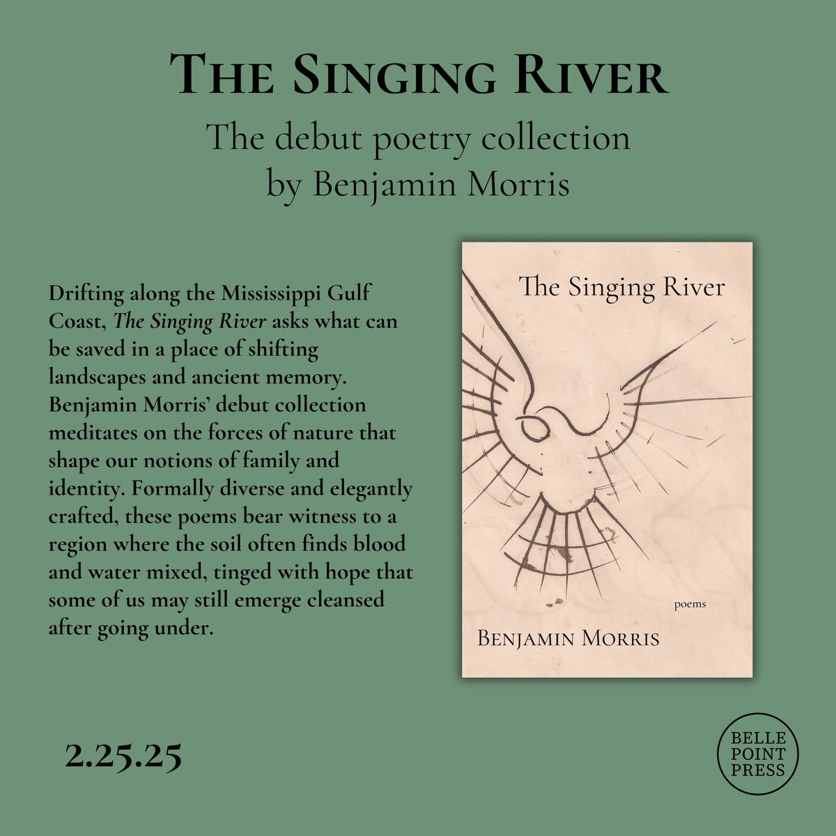 ✨COVER REVEAL✨

Introducing our first 2025 poetry release: THE SINGING RIVER is MS/LA poet Benjamin Morris' (<a href="/bentjulep/">benjamin morris</a>) debut full-length collection, coming your way in February and featuring cover art by Walter Anderson. Pre-orders are open: bellepointpress.com/products/the-s…