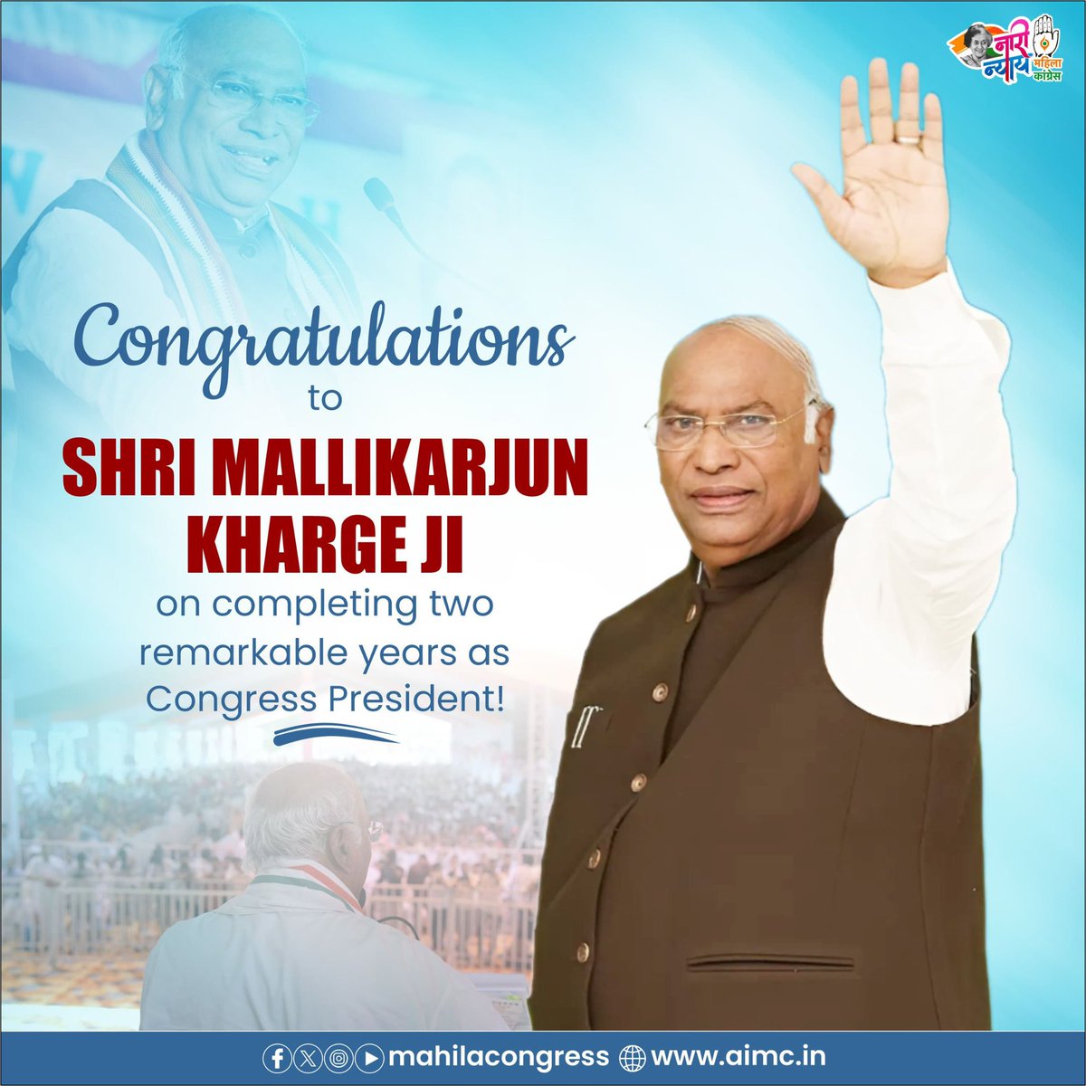MahilaCongress's tweet photo. Congratulations to Shri @Kharge ji on completing two impactful years as Congress President!

His unwavering commitment to social justice, democracy, women’s empowerment, and inclusive politics is truly inspiring.

From student leader to party President, Kharge ji’s journey reflects his dedication to India’s secular fabric and the nation.

Here’s to many more years of his impactful leadership! Wishing him enduring success and strength!