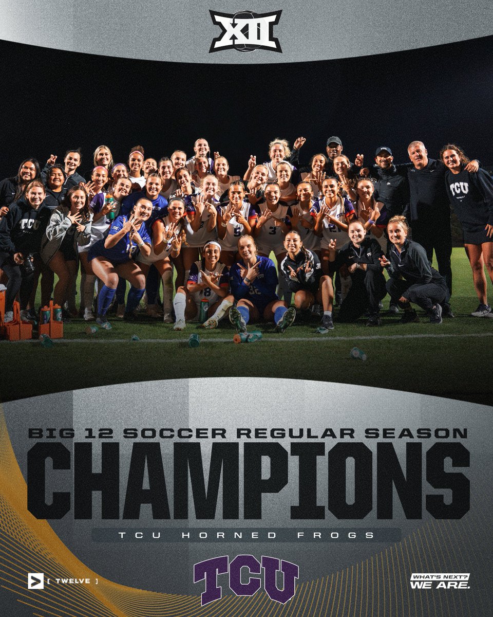 Big 12 Conference (@big12conference) on Twitter photo CHAMPS 🏆
Congratulations to <a href="/TCUSoccer/">TCU Soccer</a> for claiming the Big 12 Soccer Regular Season Championship. CHAMPS 🏆
Congratulations to <a href="/TCUSoccer/">TCU Soccer</a> for claiming the Big 12 Soccer Regular Season Championship.