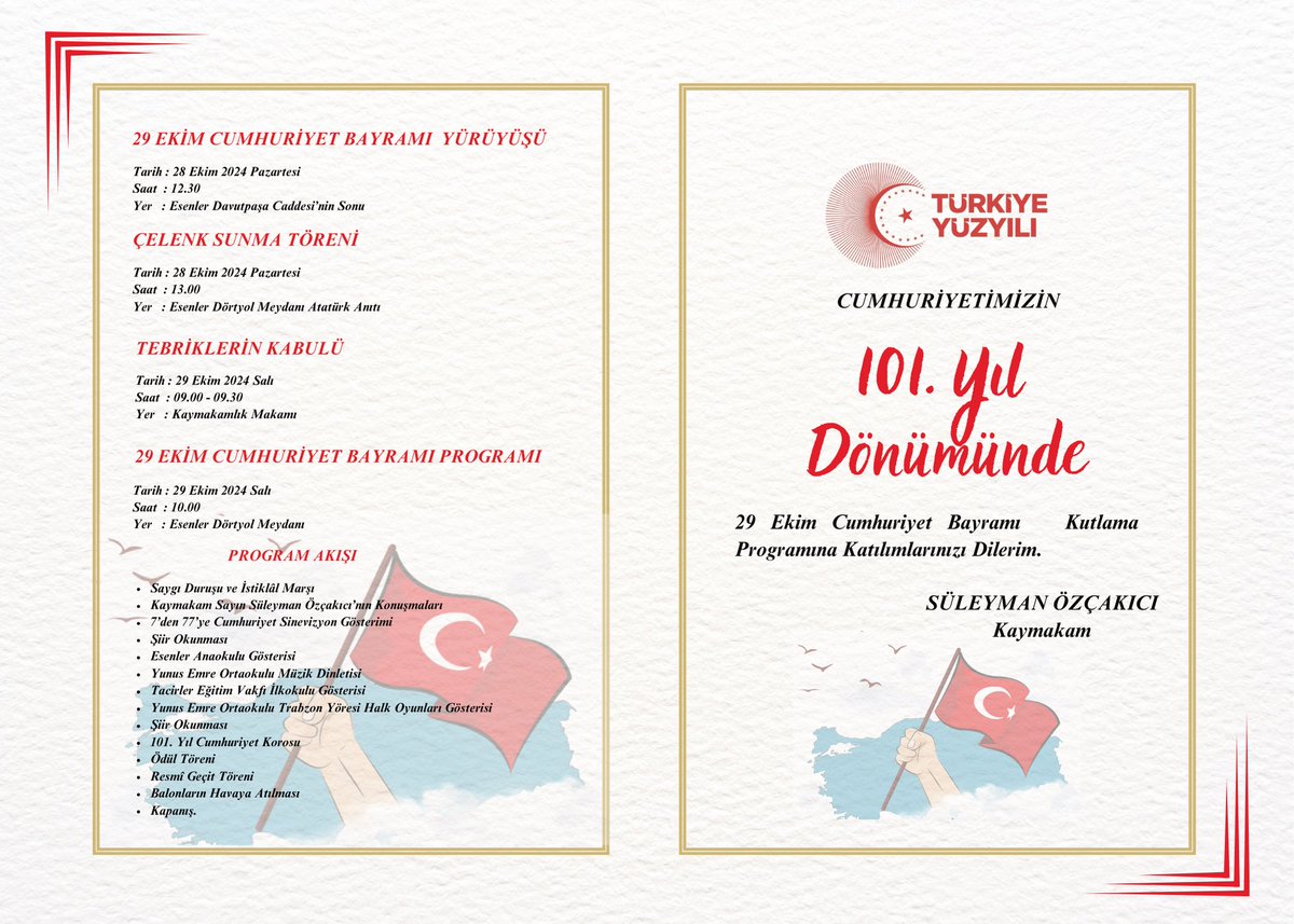 Cumhuriyetimizin 101. Yıl Dönümünde 29 Ekim Cumhuriyet Bayramı Kutlama Programına katılımlarınızı dileriz…
🇹🇷🇹🇷🇹🇷🇹🇷🇹🇷