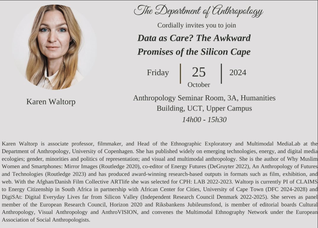 Karen Waltorp (@karenwaltorp) on Twitter photo Excited to share my research <a href="/UCT_Research/">UCT Research</a> Dept of Anthropology from the DigiSAt project. Great discussion w/Faculty & the many PhD-students who filled the room on a Friday afternoon ✨🇿🇦✨ #data as #boundaryobject #ethnography #STS #inequality #innovation #infrastructures Excited to share my research <a href="/UCT_Research/">UCT Research</a> Dept of Anthropology from the DigiSAt project. Great discussion w/Faculty & the many PhD-students who filled the room on a Friday afternoon ✨🇿🇦✨ #data as #boundaryobject #ethnography #STS #inequality #innovation #infrastructures