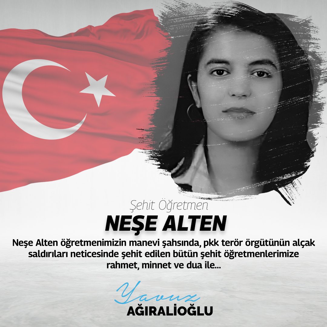 Neşe Alten öğretmenimizin manevi şahsında, Pkk terör örgütünün alçak saldırıları neticesinde şehit edilen bütün şehit öğretmenlerimize rahmet, minnet ve dua ile...