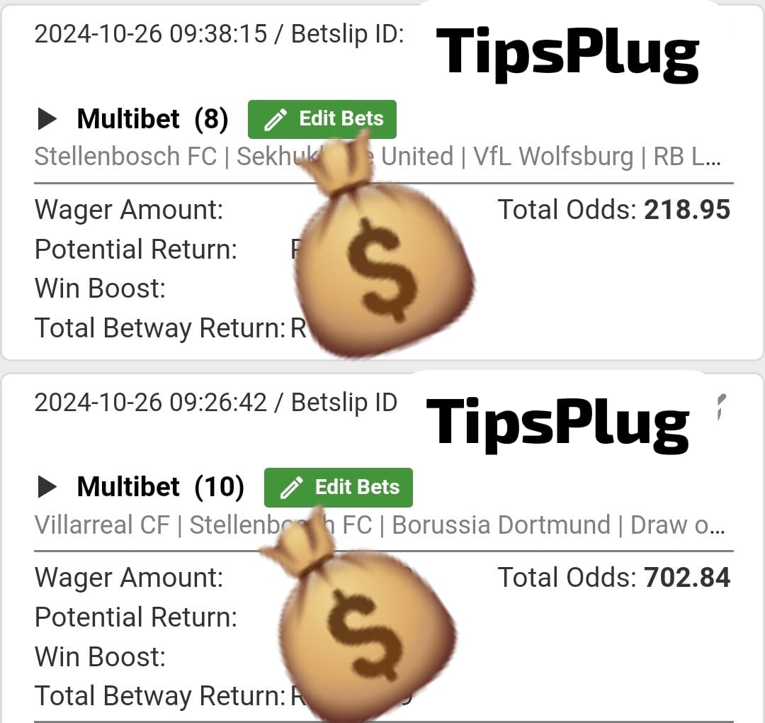 Bookie: <a href="/Betway_za/">Betway ZA</a>
Date: 26 Oct, SAT
Booking Codes:
-X81AB76AC 
-X81AB4944
-X81A76E01
-X81A739DD
-X81A6A334
#Betway #TipsPlug #BettingTips #Predictions #PredictAndWin #OddsOn