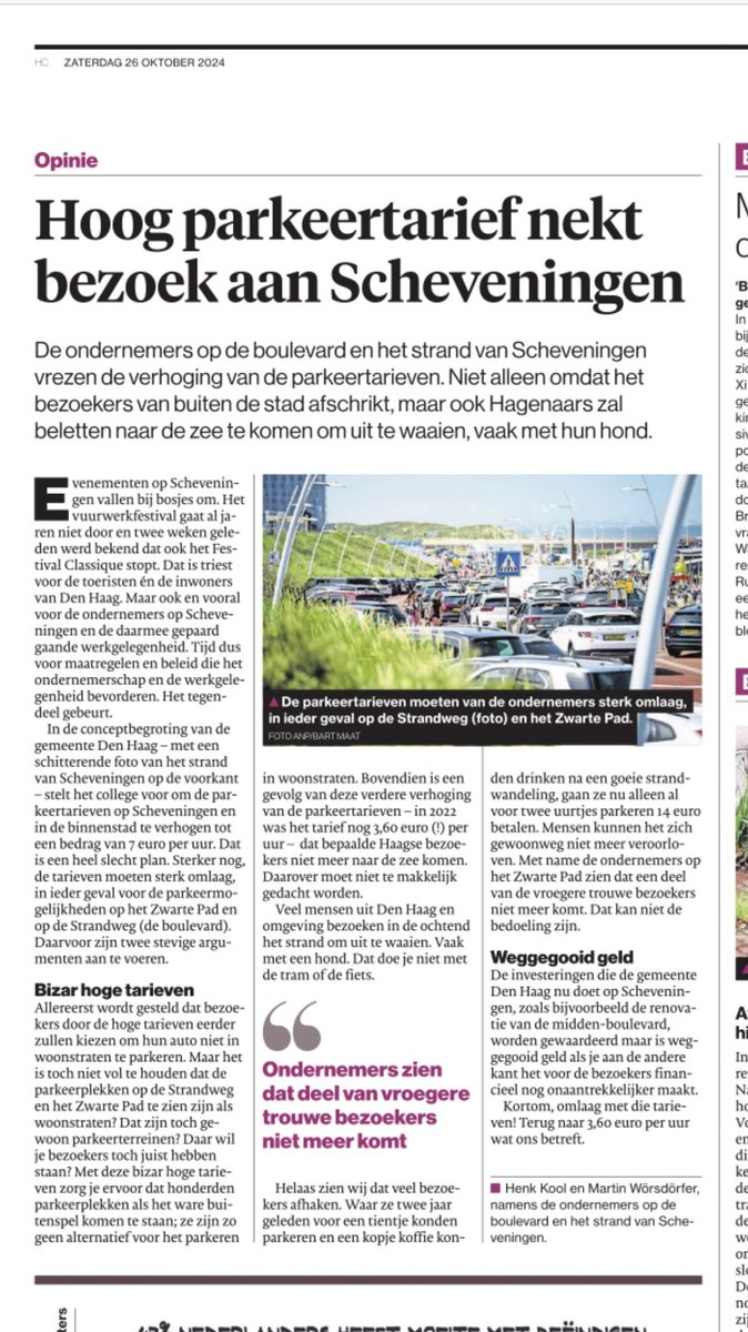 De bizarre parkeertarieven op de gemeentelijke parkeerterreinen maken #Scheveningen minder aantrekkelijk. Daarover een opiniestuk vandaag in het <a href="/ADDenHaag/">AD Den Haag</a>. 
Argumentatie voor de keuze door het stadsbestuur klopt niet. En het raakt meer mensen dan we denken.