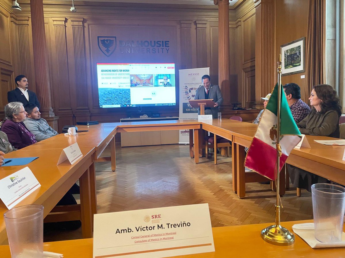 Durante la firma del MdE entre <a href="/DalhousieU/">Dalhousie University</a> <a href="/StThomasUniv/">St. Thomas University</a> y <a href="/consulmexmtl/">Consulado General de México en Montreal</a> para los derechos de los trabajadores migrantes en las provincias atlánticas 🇨🇦, el CG <a href="/VMTrevino/">Victor Treviño</a> mencionó el mandato Presidenta 🇲🇽 <a href="/Claudiashein/">Claudia Sheinbaum Pardo</a>, sobre prioridad de un trato digno a los migrantes.