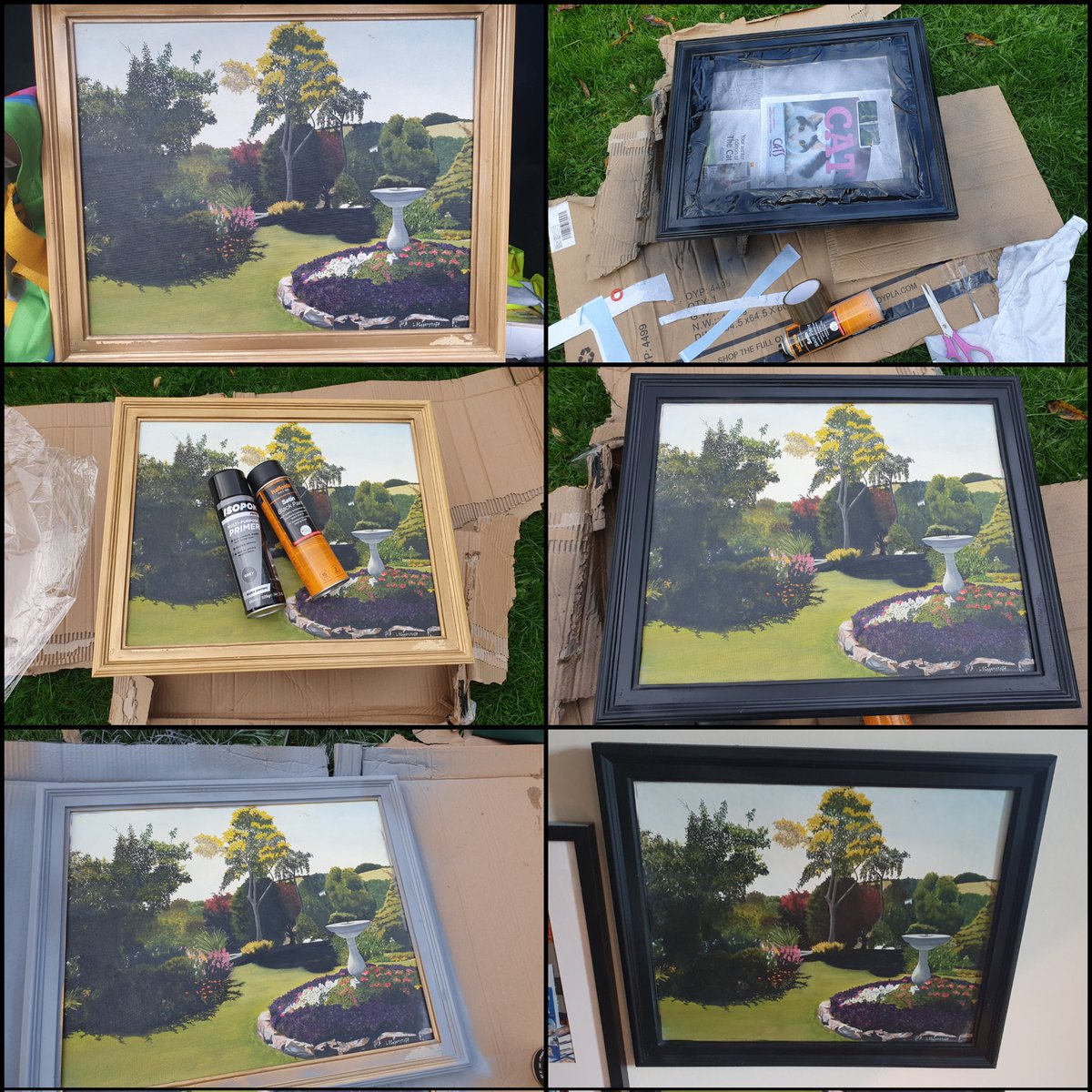 Bought a painting from a charity shop. The frame was peeling and I wasn't keen on the colour, grey undercoat spray paint bled inside the painting I'll get my paints and touch those areas up, but top coat black didn't bleed and I love it! The colours of the painting really pop.