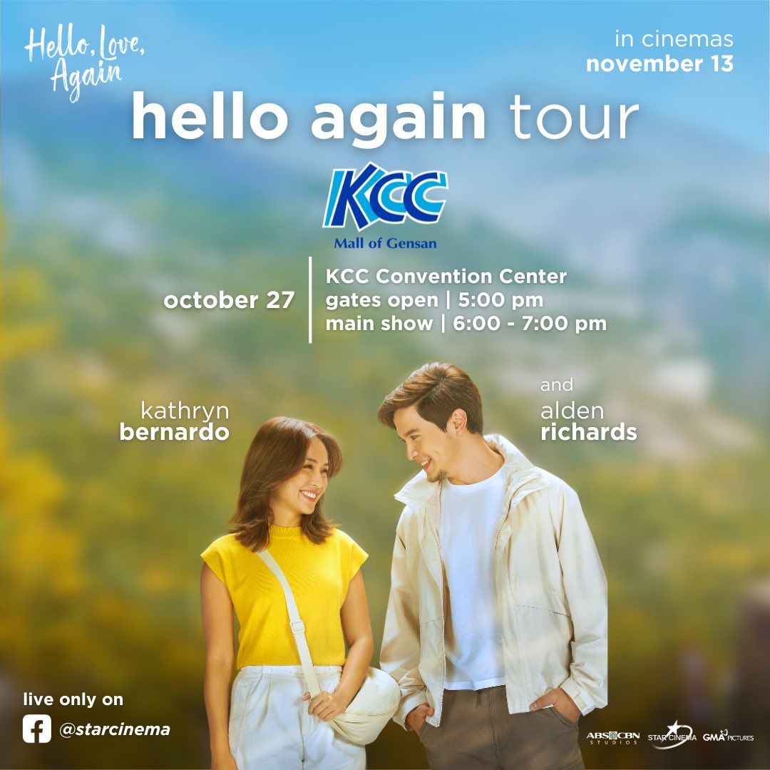 StarCinema's tweet photo. Catch Kathryn Bernardo and Alden Richards LIVE at the #HelloAgainTour in KCC Convention Center TOMORROW! Gates open at 5 PM, and the main show starts at 6 PM-7 PM! 

Stay safe and hope to see you there 🫶

#HelloLoveAgain | In PH cinemas this November 13 and soon worldwide! https://t.co/57DugUiqcC