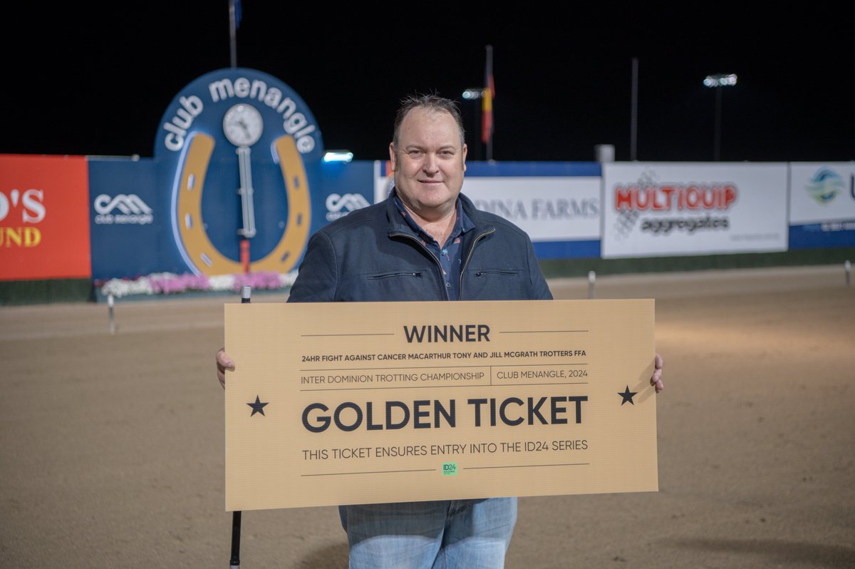 ClubMenangle's tweet photo. The #ID24 Trotting Championship Golden Ticket goes to Aldebaran Zeus, trained by Brent @LilleyRacing and driven by @Bailsmac27!🏆✨

The six-year-old took out the 24HR Fight Against Cancer Macarthur Tony And Jill McGrath Trotters FFA in a mile of 1.54.4.

@HRNSW_Harness https://t.co/BjiEx1NfpX