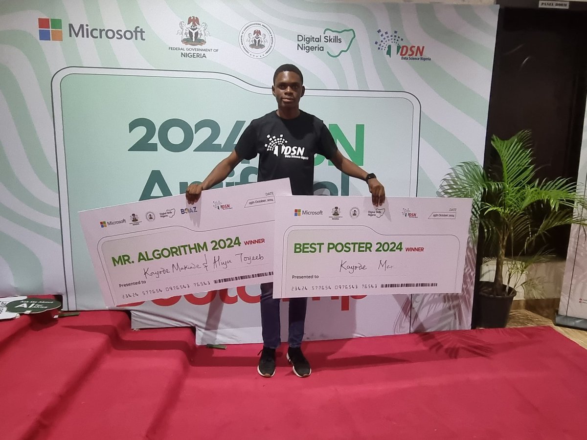 Kayode Makinde (@mkm_world) on Twitter photo From 30,000 participants to 200 finalists—I’m honored to be among the winners! Grateful to receive Mr. Algorithm and Best Poster awards. Big thanks to <a href="/dsn_ai_network/">DSN - Data Science Nigeria</a> for this incredible opportunity—the bootcamp was a priceless experience! #DSNAIBootcamp2024 From 30,000 participants to 200 finalists—I’m honored to be among the winners! Grateful to receive Mr. Algorithm and Best Poster awards. Big thanks to <a href="/dsn_ai_network/">DSN - Data Science Nigeria</a> for this incredible opportunity—the bootcamp was a priceless experience! #DSNAIBootcamp2024