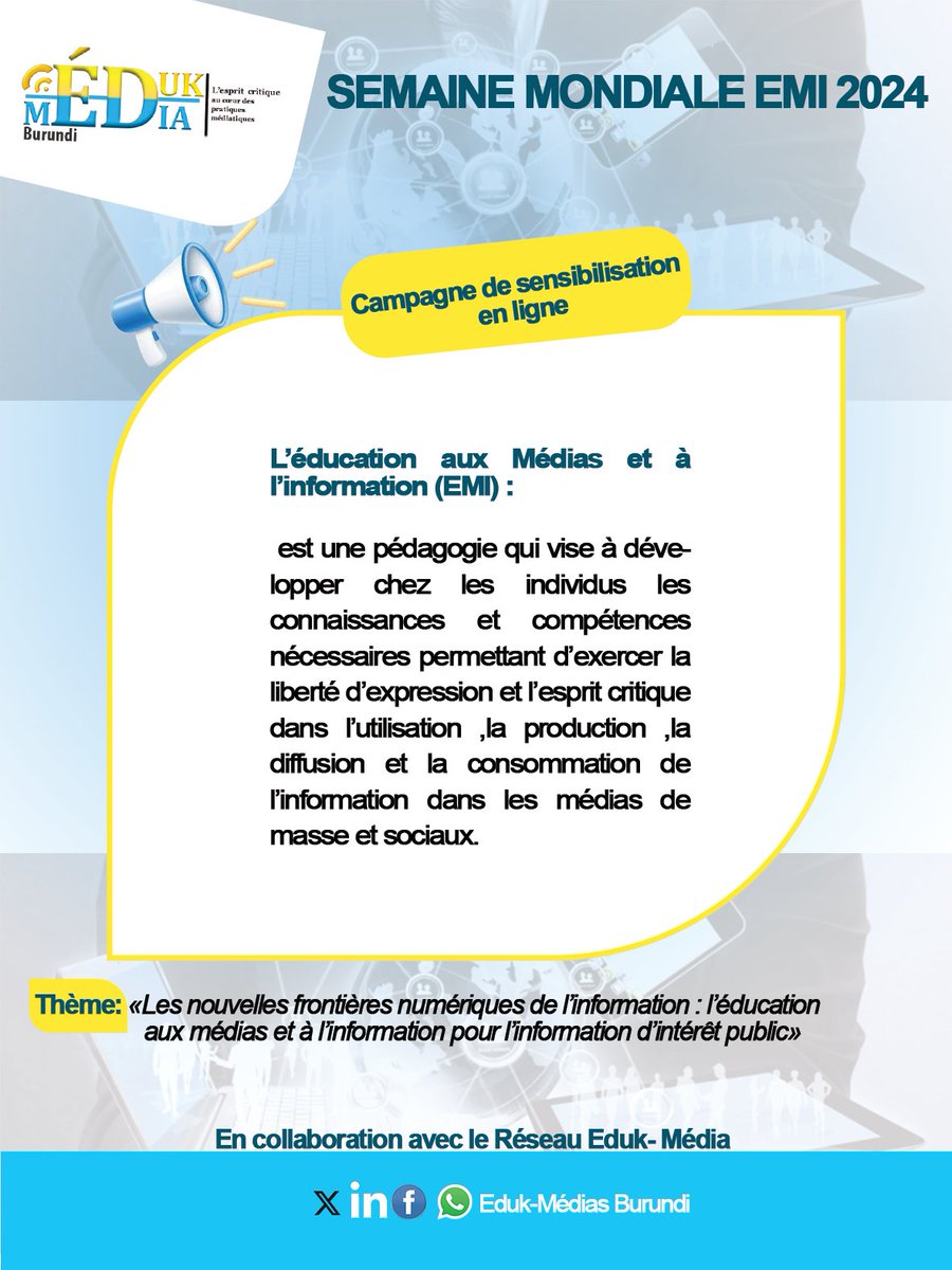 #Burundi
#Globalmilweek2024
Saviez-vous la signification de l'Education aux Médias et à l'Information?
<a href="/EdukMedia/">Eduk-Média 🇨🇲</a> <a href="/UNESCO/">UNESCO 🏛️ #Education #Sciences #Culture 🇺🇳</a> <a href="/EdukMedia236/">Eduk Media RCA</a> <a href="/CFImedias/">CFImedias</a> 
<a href="/UnescoMilBR/">UNESCO MIL Alliance Brasil</a>