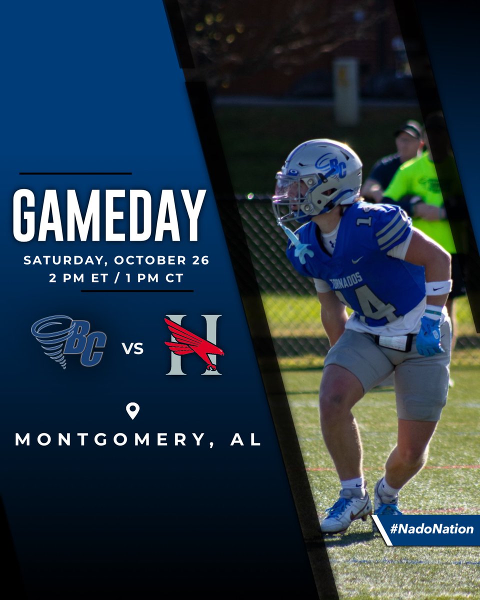 Football: GAMEDAY - Conference play enters the home stretch with a showdown today in Alabama! 

🆚 Huntingdon
📍 Montgomery, AL
⏰ 2 PM ET / 1 PM CT
📊/📺 BCTornados.com

#NadoNation #d3fb