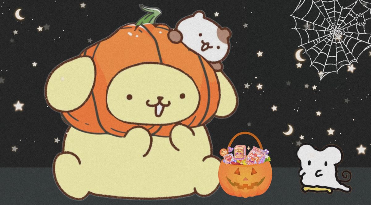 sanriodaily's tweet image. pompomurin and his friends ready for halloween 💫