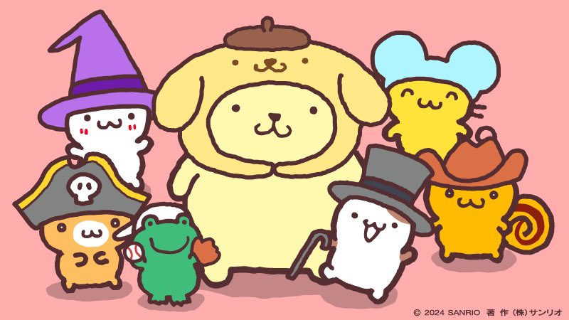 sanriodaily's tweet image. pompomurin and his friends ready for halloween 💫