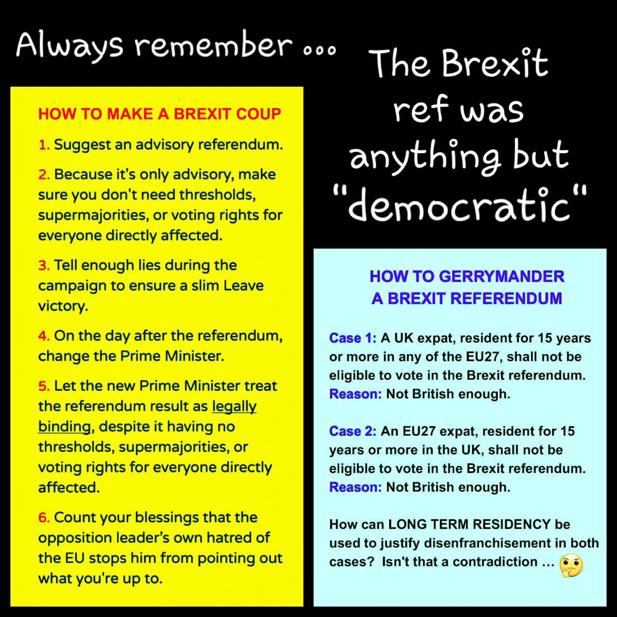 BrexitBin's tweet photo. For those who say leaving the EU was a "democratic decision" 👇
1. The Brexit ref had little to do with democracy. Millions were disenfranchised, and millions more were told blatant lies.
2. Nobody voted to leave the Single Market, as that separate choice wasn't on the ballot. https://t.co/RkugPZERQf