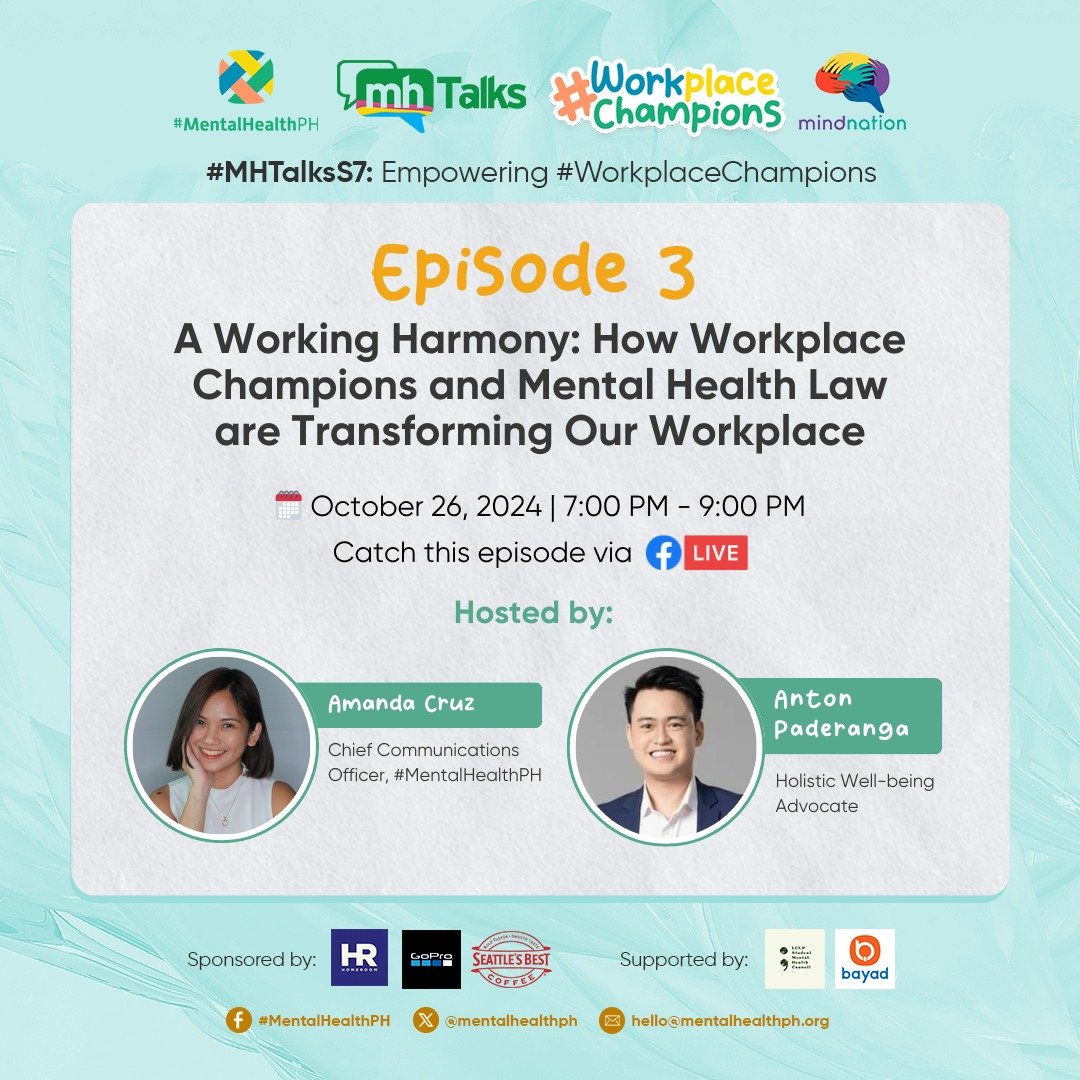 mentalhealthph's tweet image. Join us tonight for Episode 3 of #MHTalksS7: &quot;A Working Harmony: How Workplace Champions and MH Law Are Transforming Our Workplace.&quot;

#MHTalks
#WorkplaceChampions