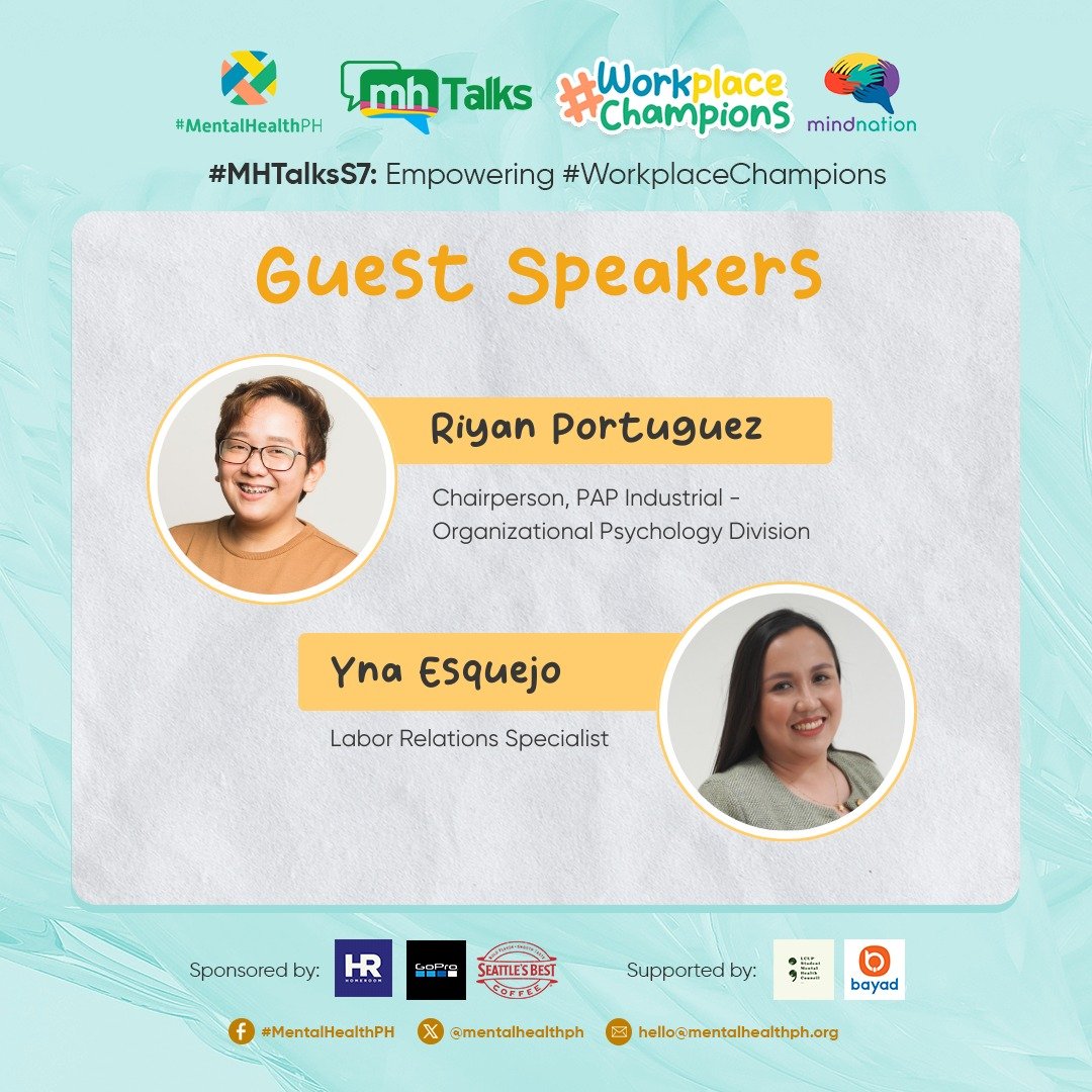 mentalhealthph's tweet image. Join us tonight for Episode 3 of #MHTalksS7: &quot;A Working Harmony: How Workplace Champions and MH Law Are Transforming Our Workplace.&quot;

#MHTalks
#WorkplaceChampions