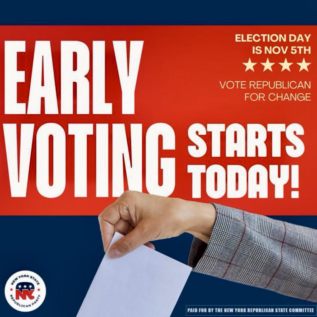 ClaverackGOP's tweet photo. EARLY VOTING STARTS TODAY!! GO VOTE!

👉 Saturday, October 26 — 9 am – 5 pm

👉 Columbia County Office Building: 401 State Street, Hudson, NY 12534

Martin H. Glynn Municipal Building: 3211 Church Street, Valatie, NY 12184 https://t.co/a63GfU7clA