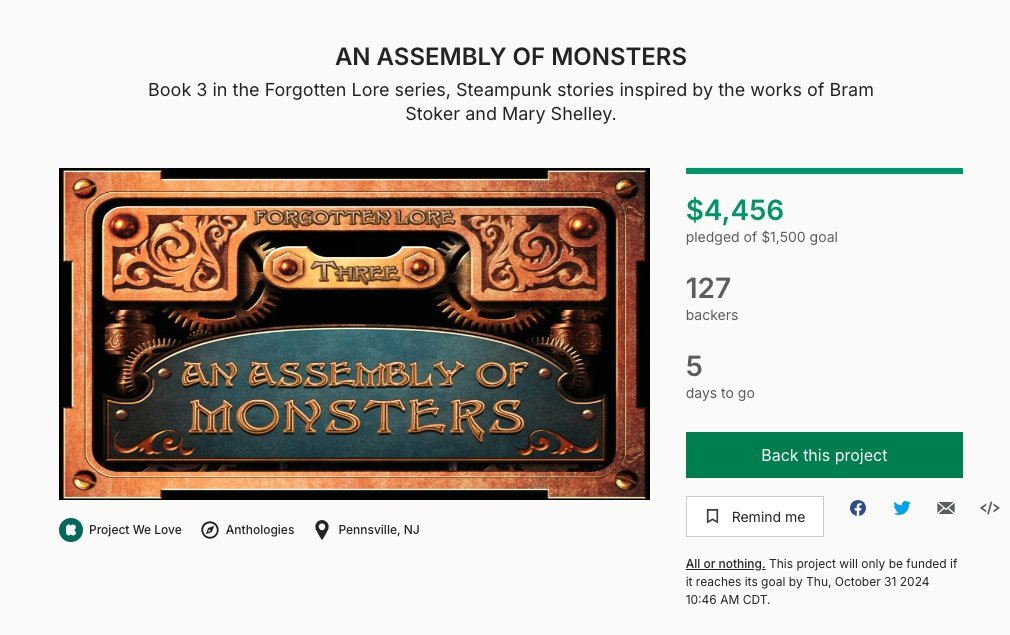 ONLY 5 DAYS TO GO!!! In addition to the anthology, which is already unlocked, there are oodles of other books and stories on offer with the "An Assembly of Monsters" Kickstarter. Check them all out at kck.st/3Ncxjha .