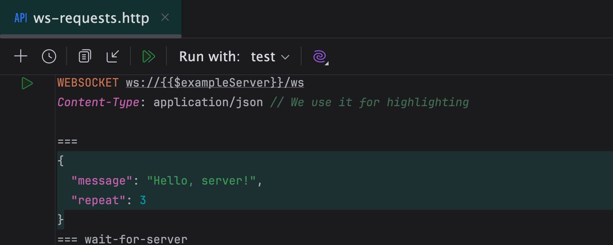 intellijidea's tweet image. Creating #WebSocket requests with #IntelliJIDEA&apos;s HTTP Client (open via Tools) is simple. Just start your request with the WEBSOCKET keyword.

Moreover, you can type &quot;wsr&quot; and press ↩/Enter to apply the live template.

👉 Learn more: jb.gg/http-client
#IntelliJIDEATips