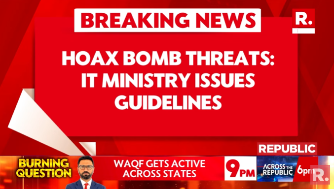 republic's tweet image. #BREAKING | IT Ministry issues guidelines over Hoax Bomb threats on social media platforms
.
.
.
#BombHoax #Airlines #Flight #ITMinistry