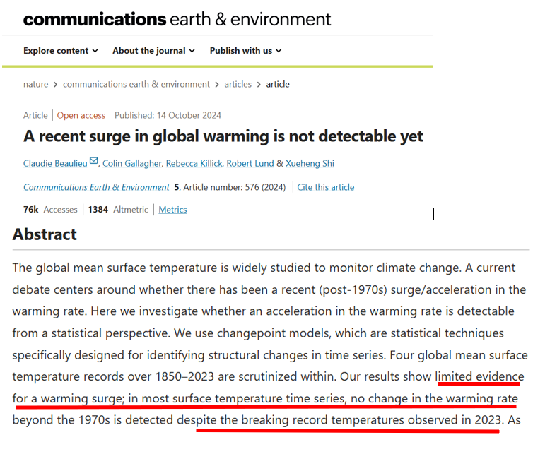 fmeeus1's tweet image. Klimaatalarm wetenschappers zitten in een diepe depressie. Top wetenschappelijk vakblad Nature deelt mokerslag uit aan het alarmisme met de publicatie : "geen toename in snelheid van opwarming ondanks record opwarming jaar 2023". 
Waauw, respect voor die wetenschappers die hun…
