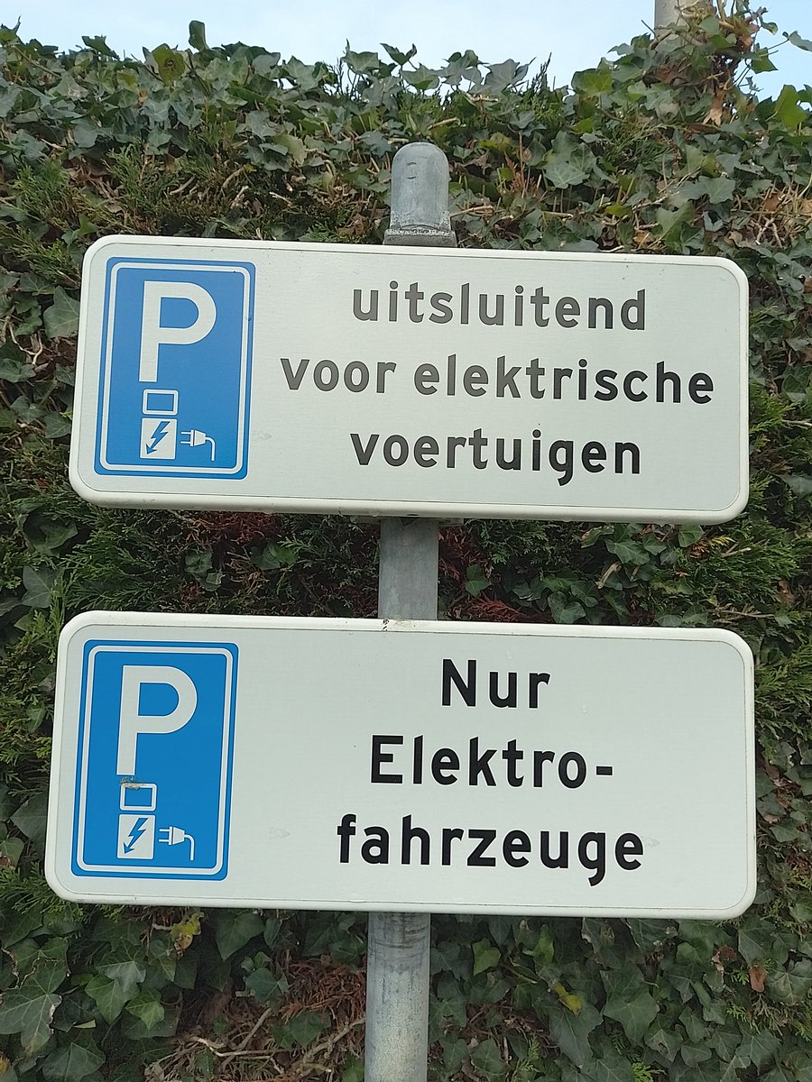 JefKPhotography's tweet image. Two parking signs for electric vehicles, one in Dutch and one in German.

#parking #twolanguages #2languages #parkingsign #parkingsigns #sign #signs #photography #photo #picture