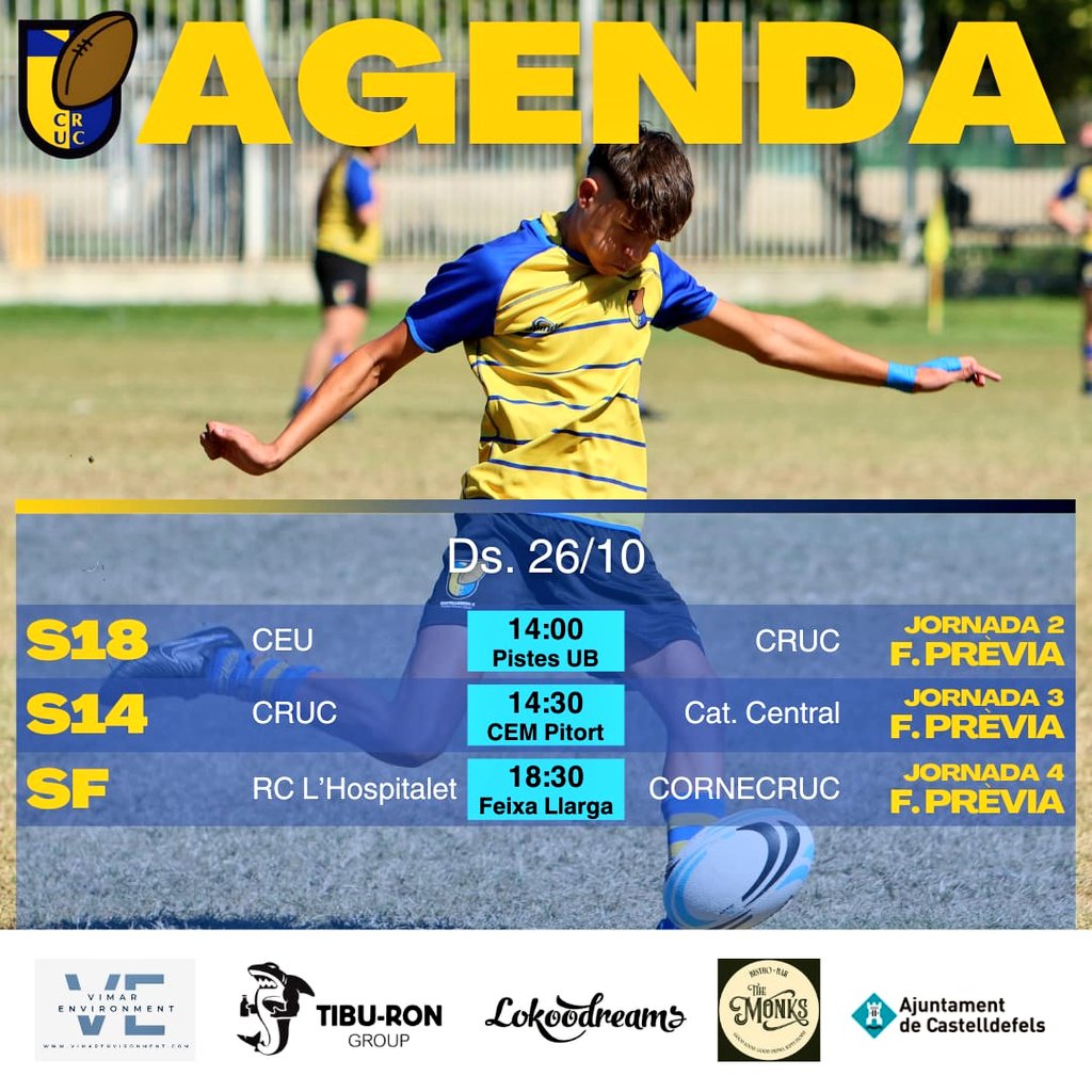 Castelldefels Rugby (@_cruc_) on Twitter photo Agenda del CRUC. 26 d'octubre:
‼️ Ajornat el partit S18 per motius climatològics! 🌧️
🏉 S14: CRUC 🆚 Catalunya Central
🏉 SF: <a href="/RCLHospitalet/">Rugby Club L'Hospitalet (oficial)</a> 🆚 CORNECRUC Agenda del CRUC. 26 d'octubre:
‼️ Ajornat el partit S18 per motius climatològics! 🌧️
🏉 S14: CRUC 🆚 Catalunya Central
🏉 SF: <a href="/RCLHospitalet/">Rugby Club L'Hospitalet (oficial)</a> 🆚 CORNECRUC