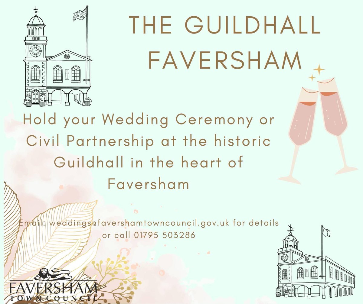 The Guildhall is available 7 days a week (including bank holidays) for your perfect wedding or civil partnership ceremony in the heart of historic Faversham.  Email weddings@favershamtowncouncil.gov.uk or call 01795 503286