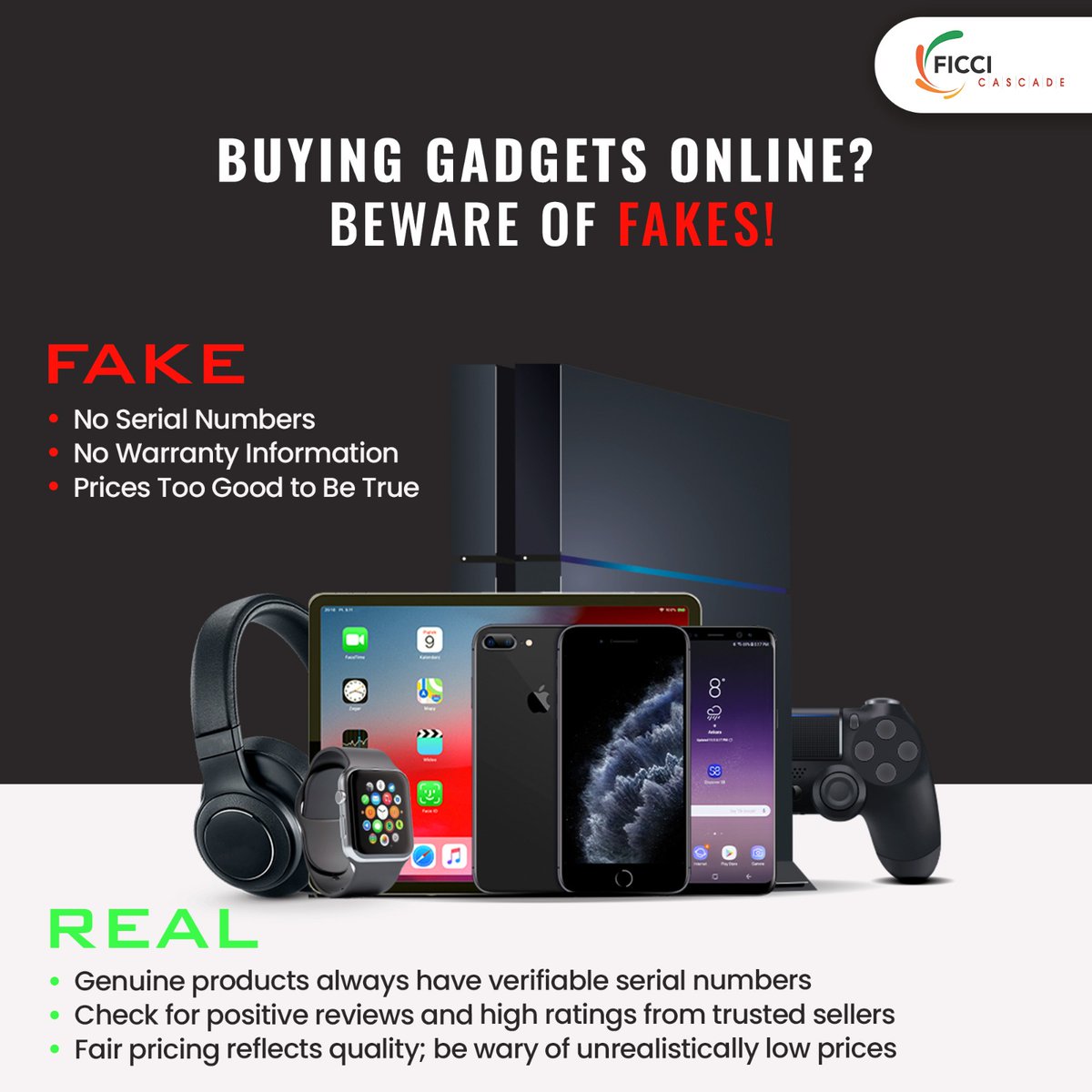 Cascadeglobal's tweet photo. Be vigilant!
Know the difference between fake and real when buying gadgets online.
.
#BeACascader #FICCICASCADE https://t.co/YUgpxu4anh