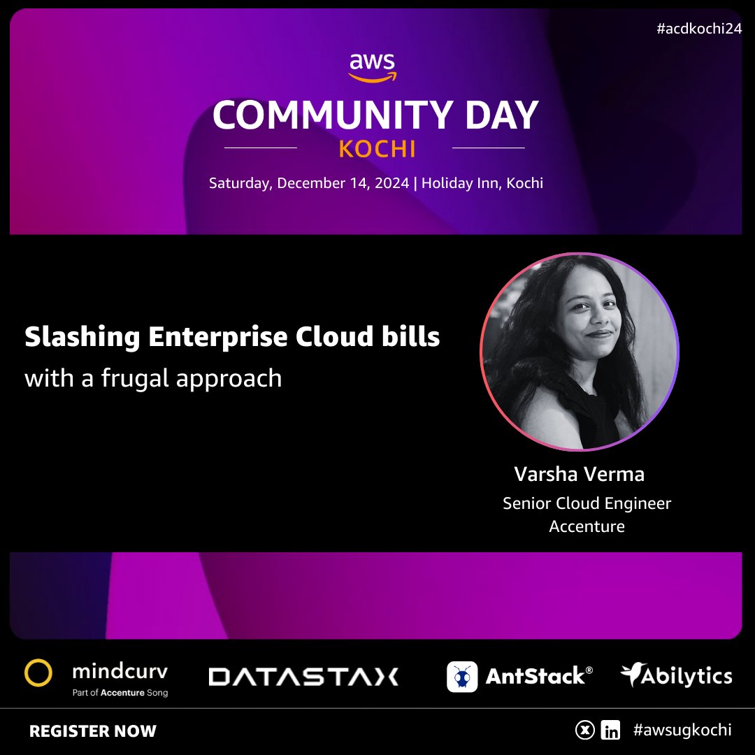 We’re thrilled to welcome Varsha Verma with her session:

Slashing Enterprise Cloud Bills with a Frugal Approach

Join us to learn practical cost-optimization tips, scalable strategies, and tools to keep cloud expenses low without sacrificing performance!
communityday.awsugkochi.in