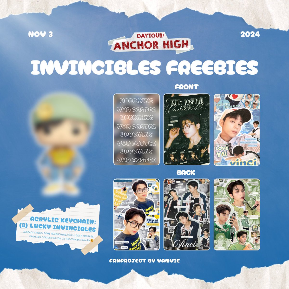INVINCIBLES Giveaway ✨

To show my love for Chi! I'm turning some of my VVD Designs into PCS! 🤗 

- 1:1 only (super limited qty.) 
- Like &amp; RT (to spread) 
TBA: Location

Note: Acrylic Keychains for (8) Lucky peeps. Suprise DM from me!  

#DAYTOUR_ANCHORHIGH
#HORI7ON #호라이즌